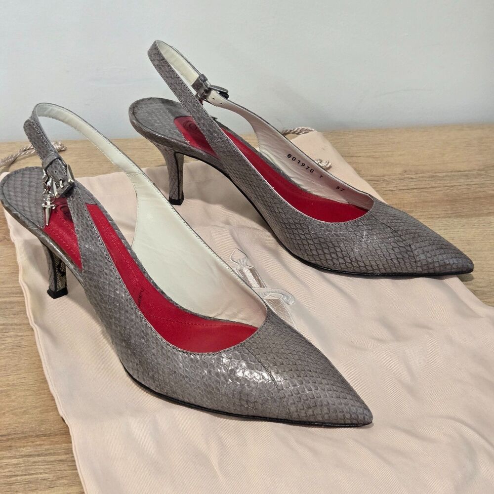 Cesare Paciotti womens 37/6 Snake Gray Pumps 2.5" heel Dagger Charm Slingback